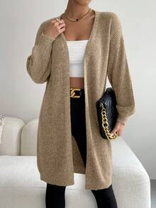 SHEIN Essnce Drop Shoulder Casual Design Cardigan - Khaki - View 6