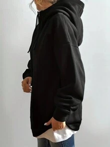 SHEIN EZwear 女款束口拉鍊帽衫,休閒運動風格 - 黑色 - 查看 5