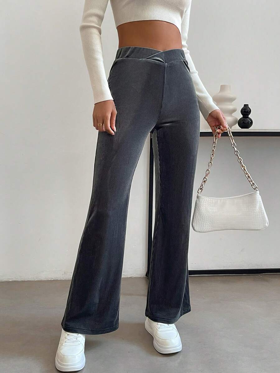 SHEIN Frenchy 休閒拉鍊純色女士長褲 - 灰色 - 查看 1