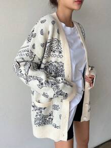 DAZY 佩斯利图案落肩开衫，女士深秋休闲口袋落肩 V 领宽松米色佩斯利女式开衫，休闲日常穿着，长袖上衣夹克 - 米色 - 查看 4