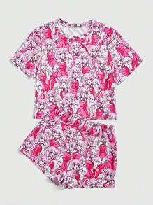ROMWE Anime Cartoon Printed Pajama Set - Multicolor - View 1