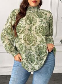 SHEIN CURVE+ Plus Allover Print Mock Neck Lantern Sleeve Blouse - Multicolor - View 5