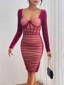 SHEIN Privé 雞心領口褶邊網紗緊身洋裝 - 酒紅色 - 查看 1