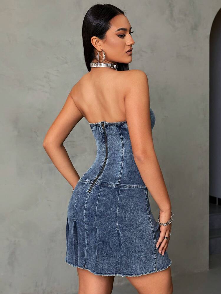 Pleated Detail Tube Denim Dress