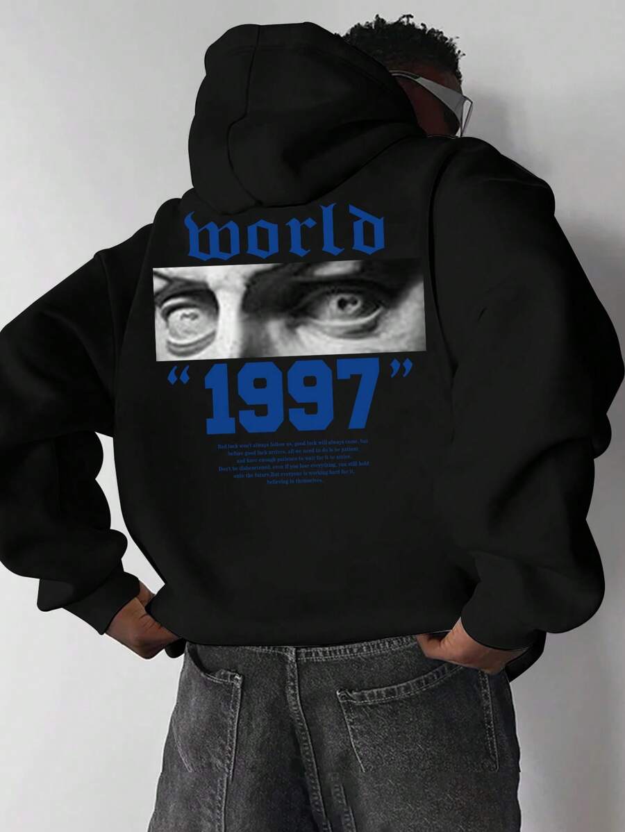 Men Slogan & Figure Graphic Kangaroo Pocket Drawstring Thermal Hoodie - Black - View 1