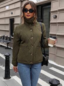 SHEIN LUNE Dual Pocket Drop Shoulder Quilted Padded Coat Clothes Winter - Army Green - View 3