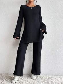 EMERY ROSE 素色插肩袖套頭毛衣和針織褲 - 黑色 - 查看 6
