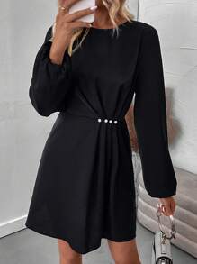 SHEIN Clasi Solid Lantern Sleeve Pearls Detail Dress - Black - View 1