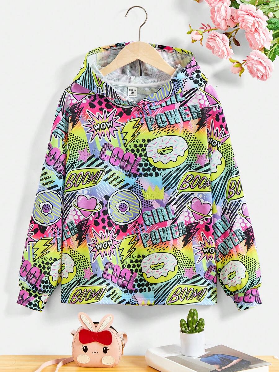 SHEIN Áo nỉ in họa tiết Pop Art dành cho bé gái tuổi teen - Nhiều màu - Xem 1