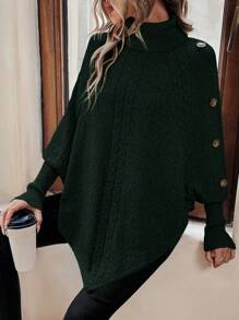 SHEIN Essnce 高領紐扣細節蝙蝠袖斗篷毛衣 - 墨綠色 - 查看 6