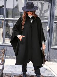 SHEIN LUNE 斗篷袖前繫帶連帽花呢外套 - 黑色 - 查看 6