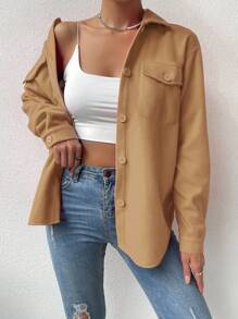 SHEIN Unity Túi có nắp Thả vai Curved Hem Áo khoác - Màu Khaki - Xem 1