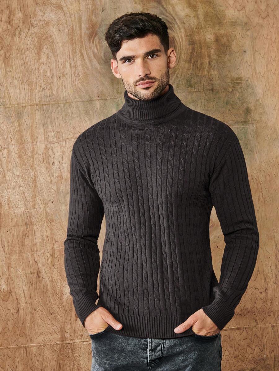 RueChic Men's Solid Color Turtleneck Cable Knit Sweater - Dark Grey - View 1