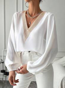 EURMUSE Ladies Lantern Sleeve Shirt - White - View 3