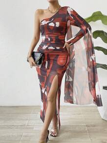 SHEIN Privé 滿版印花單肩高衩洋裝 - 紅色 - 查看 3