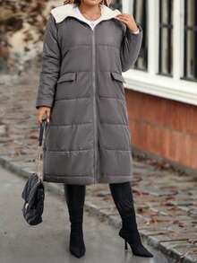 SHEIN LUNE Plus Borg 衣领翻盖细节加厚棉服外套冬季 - 咖啡棕 - 查看 5