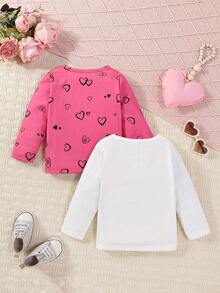 SHEIN 2 件/套女嬰休閒愛心圖案上衣適合日常穿著 - 粉色 - 查看 2