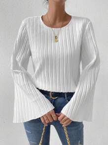 Chiquease Solid Flare Sleeve Plisse Blouse,Long Sleeve Tops Fall Cloth For Women - White - View 4