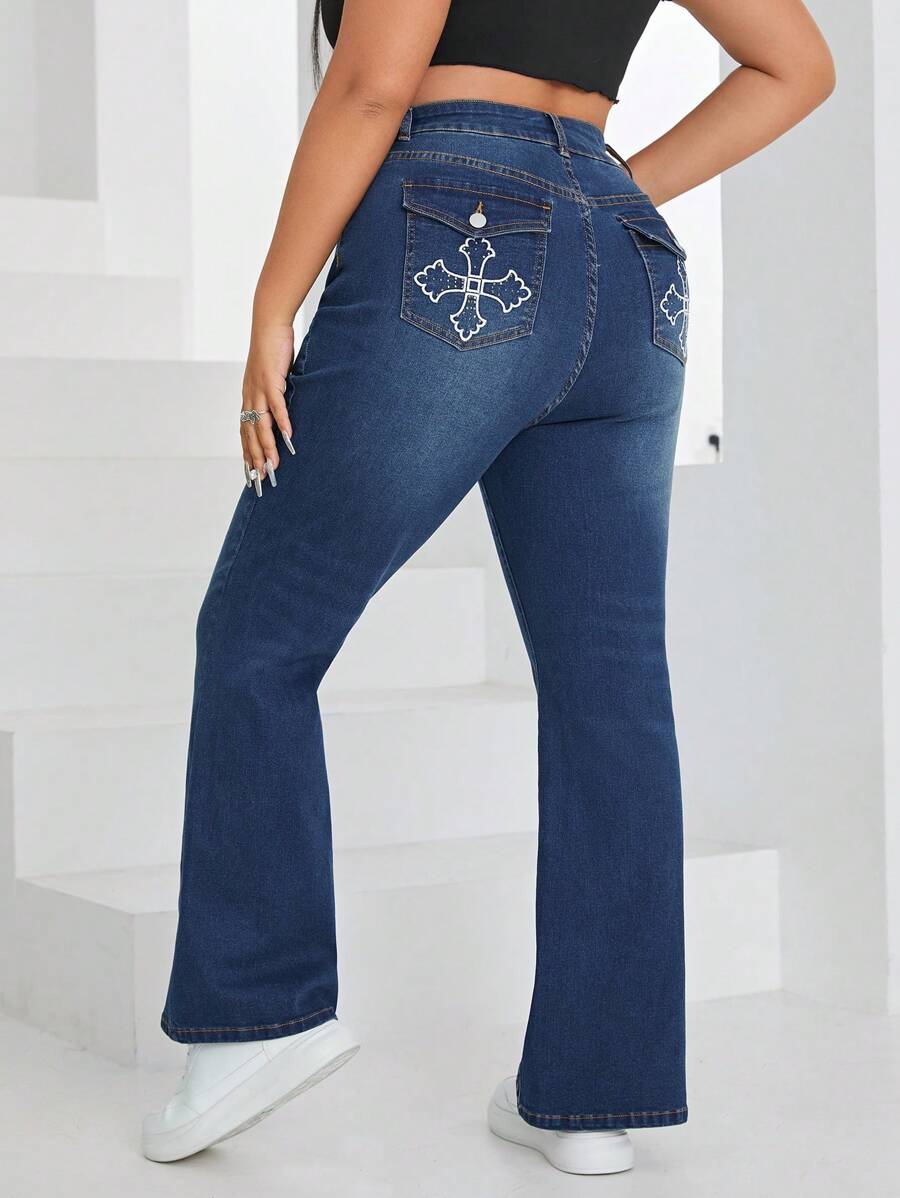 SHEIN ICON 大碼交叉刺繡牛仔喇叭褲 - 藍色 - 查看 1