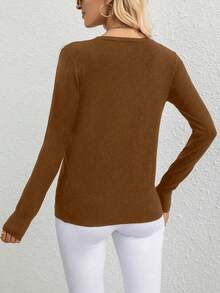 SHEIN Privé 純色開襟毛衣 - 棕色 - 查看 2