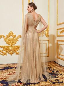 Elegant V-Neck Sleeveless Evening Gown With Sheer Organza Cape & A-Line Flowing Skirt - Sophisticated Formalwear For Red Carpet Galas, Black-Tie Dinners, Wedding Receptions, Luxury Balls, And Grand Celebrations - Champagne - View 2