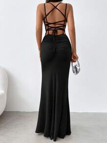 EURMUSE Solid Color Pleated Back Cross Straps Slit Hem Dress - Hitam - View 2
