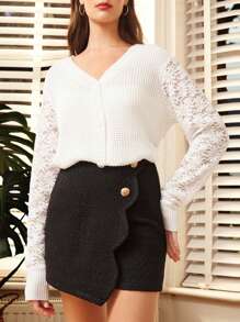 SHEIN Frenchy Women's Patchwork Lace Long Sleeve Cardigan With Front Button