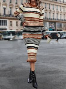 SHEIN Essnce Chevron & Hoa văn sọc Lá sen tỉa Đầm Áo len - Nhiều màu - Xem 4