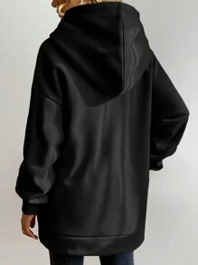 SHEIN EZwear 女款束口拉鍊帽衫,休閒運動風格 - 黑色 - 查看 3