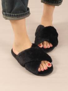 女士毛绒交叉带保暖轻便家居拖鞋，适合秋冬季，毛茸茸的鞋子