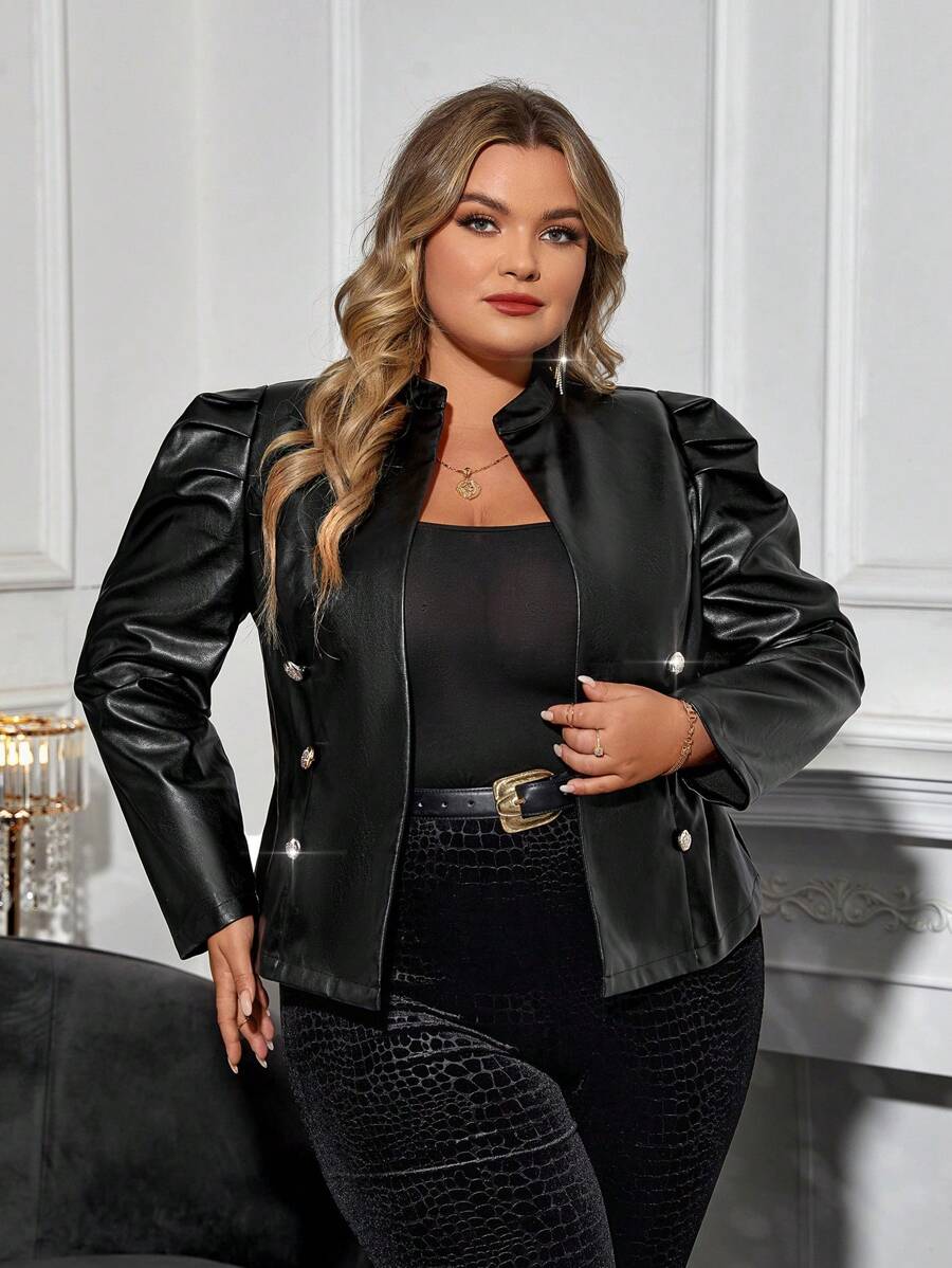 SHEIN Clasi Plus Size Bubble Sleeve Pu Jacket - Black - View 1