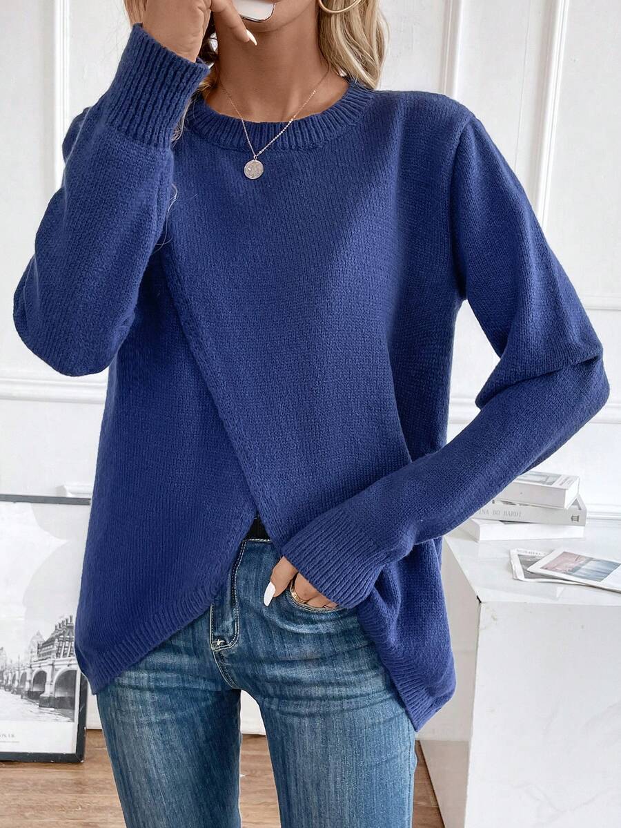 SHEIN LUNE 素色圍裹下擺套頭毛衣 - 寶藍色 - 查看 1