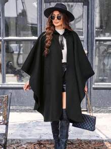 SHEIN LUNE 斗篷袖前繫帶連帽花呢外套 - 黑色 - 查看 1