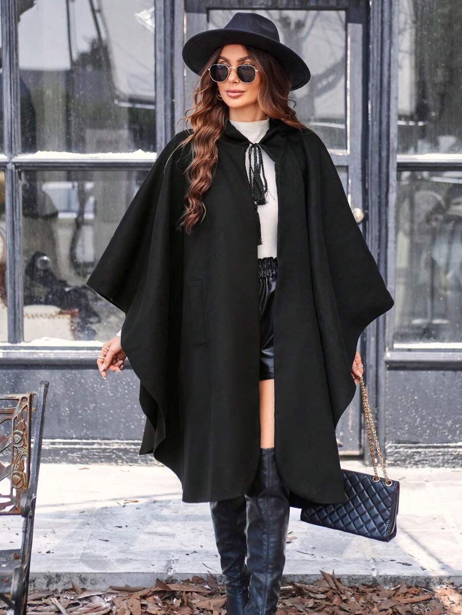 SHEIN LUNE 斗篷袖前繫帶連帽花呢外套 - 黑色 - 查看 1