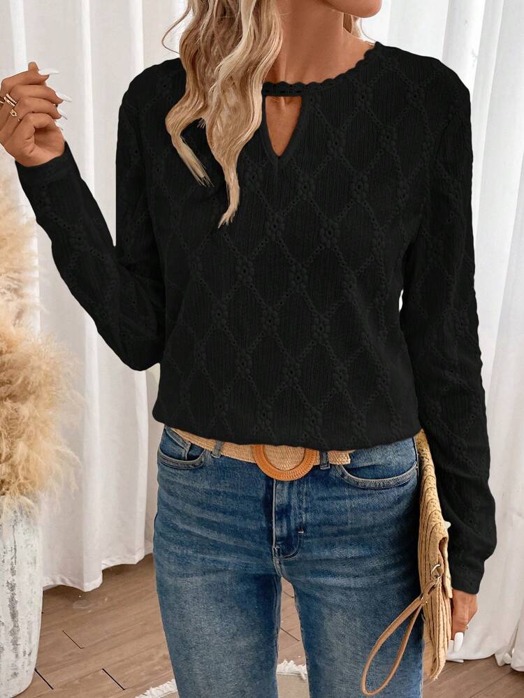 Keyhole Neckline Eyelet Embroidery Tee Winter Black Casual