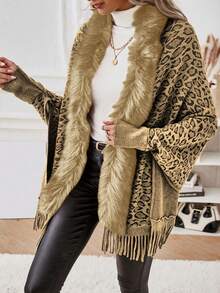 SHEIN Clasi Leopard Pattern Fuzzy Trim Fringe Hem Cardigan - Multicolor - View 5