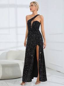 Allurite Asymmetrical Neck Split Thigh Sequin Dress - Black - View 5