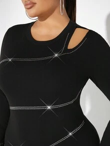 SHEIN LUNE Plus Rhinestone Detail Bodycon Dress - Black - View 5
