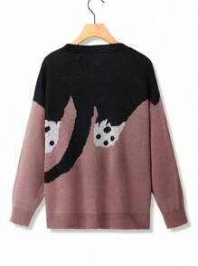 Calvaya Plus 1件猫咪图案落肩针织套头衫秋冬毛衣 - 玫紅色 - 查看 2