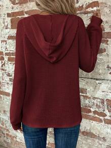 SHEIN Clasi Half Button Raglan Sleeve Drawstring Hoodie - Burgundy - View 2