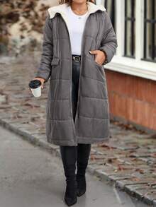 SHEIN LUNE Plus Borg 衣领翻盖细节加厚棉服外套冬季 - 咖啡棕 - 查看 4