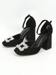 時尚風格女性粗高跟鞋泵鞋帶方頭和中間背帶 - 黑色 - 查看 4