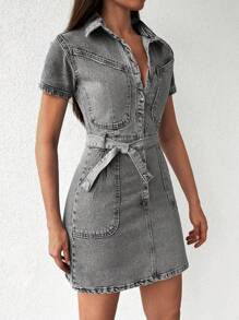 EURMUSE Belted Denim Midi Dress - Light Grey - View 4