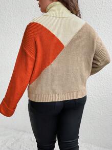 SHEIN Unity Suéter de cuello alto con bloques de color, hombros caídos, tejido de punto, para otoño e invierno - Multicolor - Ver 2