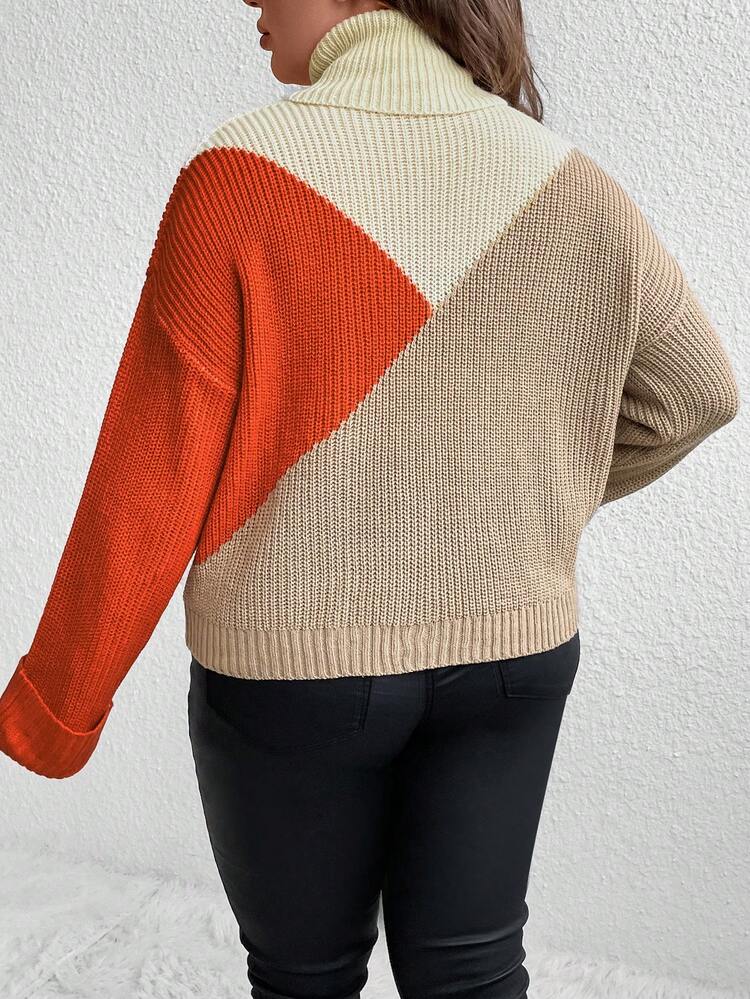 Plus Colorblock Turtleneck Drop Shoulder Sweater Knit Pullover Fall Winter Sweater