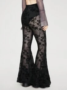 ROMWE Fairycore Lace Flared Pants - Black - View 3