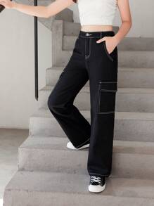 Tween Girl Flap Pocket Side Cargo Jeans - Black - View 4