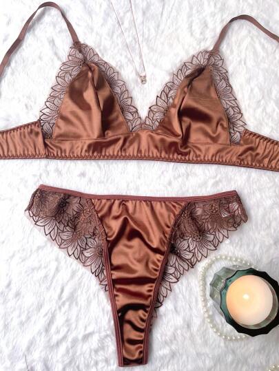 2pcs Contrast Lace Women's Bra & Panty Lingerie Set view 3