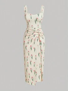 SHEIN MOD Vải in hoa Mặt trước xoắn Viền chia cắt Đầm - Màu vàng - Xem 1