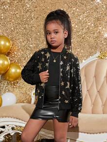 SHEIN Tween Girl Star Print Teddy Lined Bomber Jacket - Black - View 5
